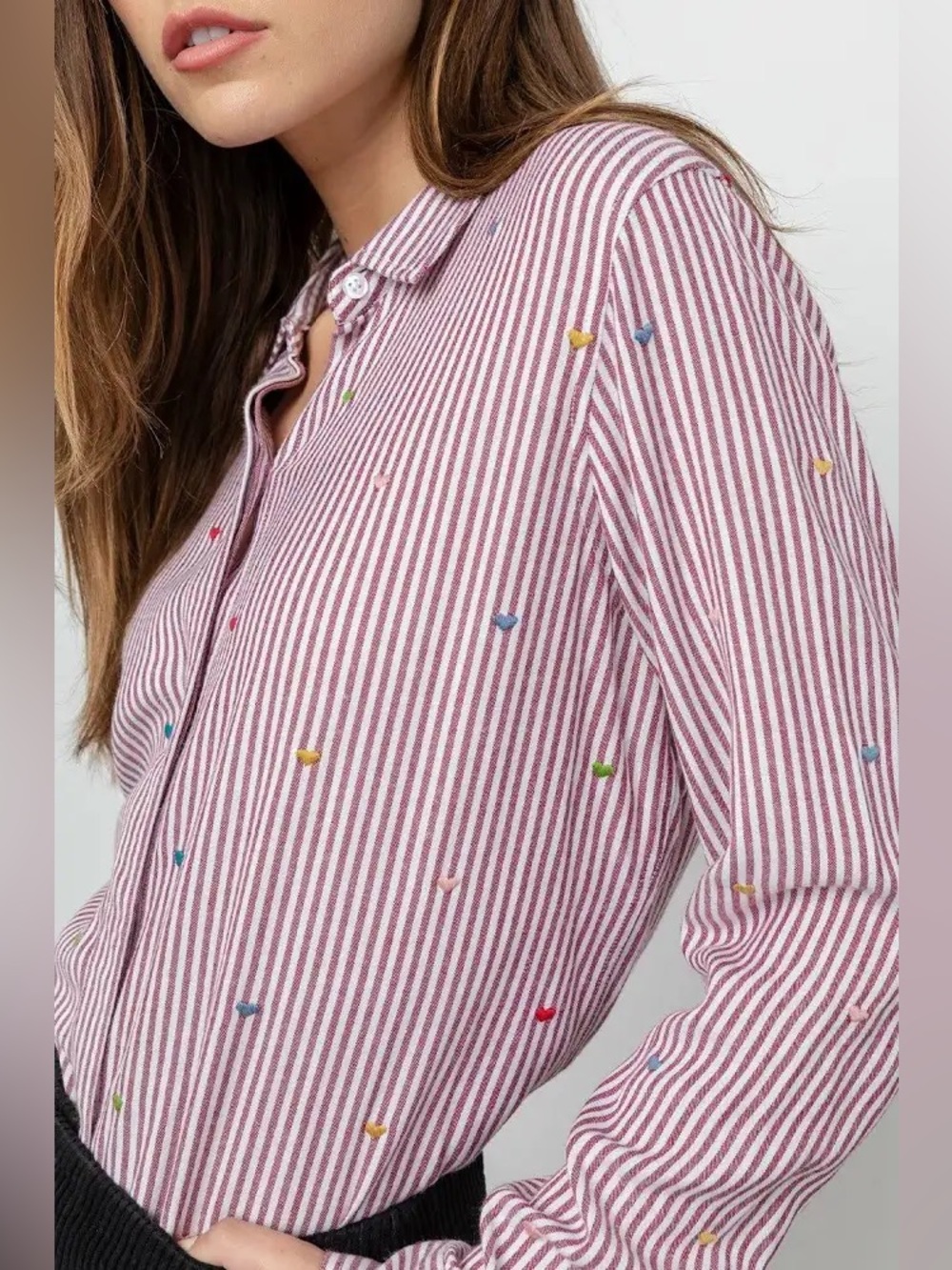Rails Taylor Button Down in Marsielle Stripe Embroidered Rainbow Hearts L
